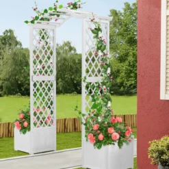 Rosenbogen Holz 2 in 1 Torbogen mit Blumenkasten Garten Pergola modern 183 x 42 x 200 cm Weiß