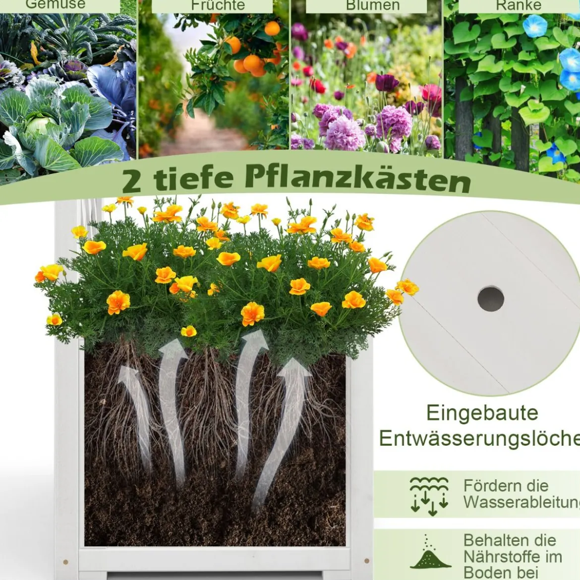 Rosenbogen Holz 2 in 1 Torbogen mit Blumenkasten Garten Pergola modern 183 x 42 x 200 cm Weiß