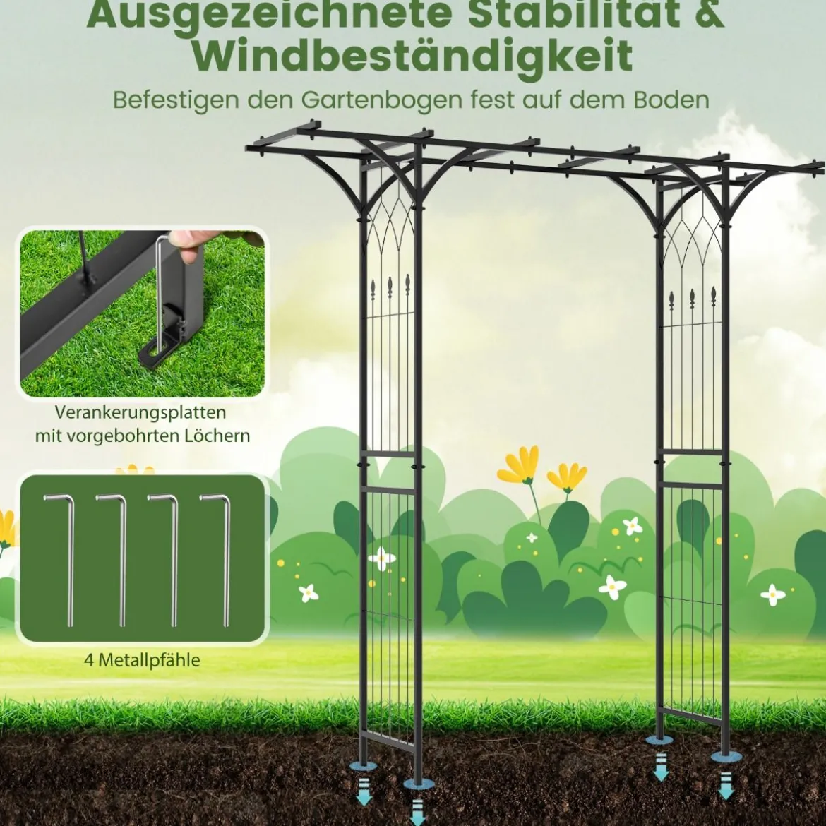 Rosenbogen Metall Gartenbogen für Kletterpflanzen Torbogen Garten 200 x 52 x 206 cm Schwarz