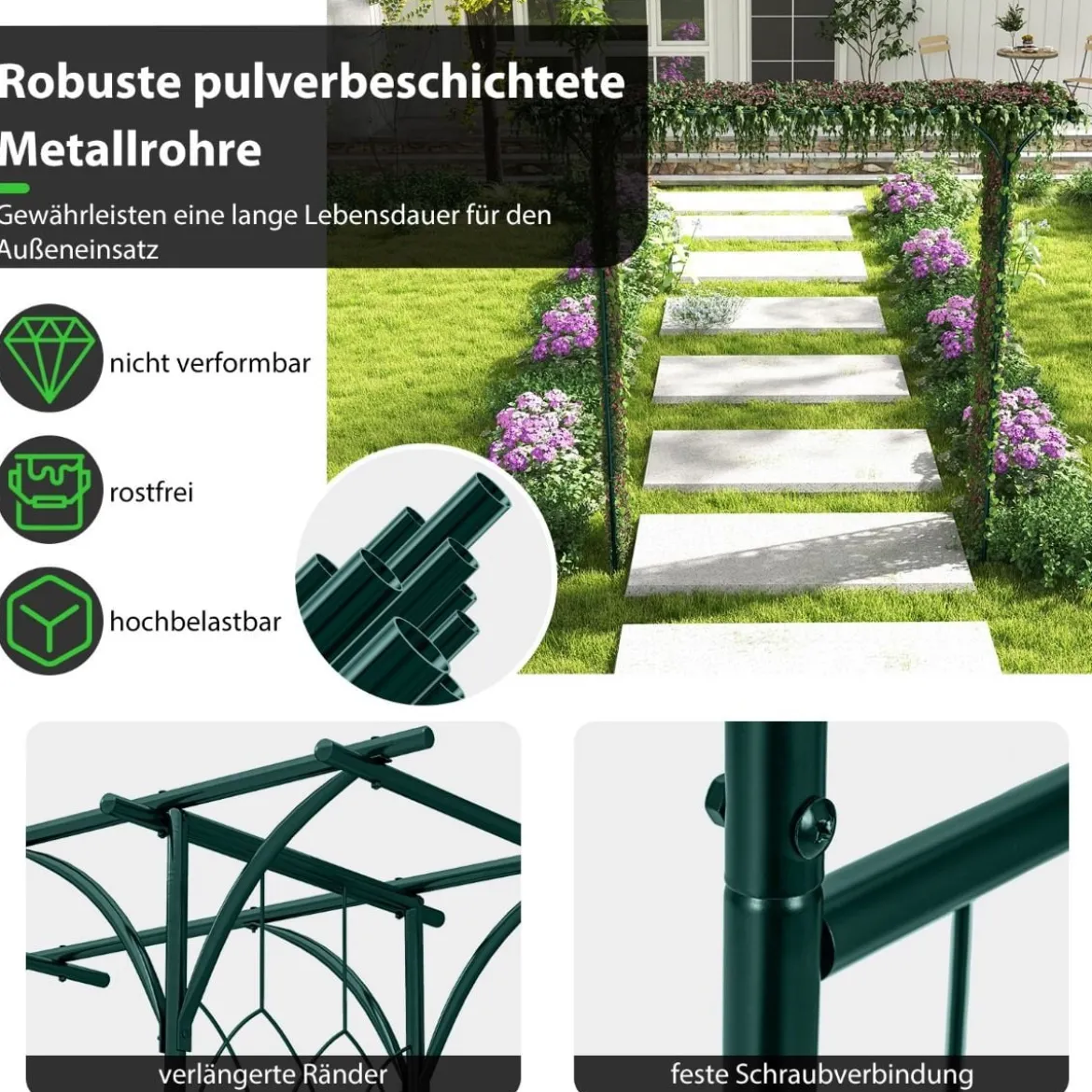 Rosenbogen Metall Gartenbogen für Kletterpflanzen Torbogen Garten 205 x 52 x 205 cm Grün