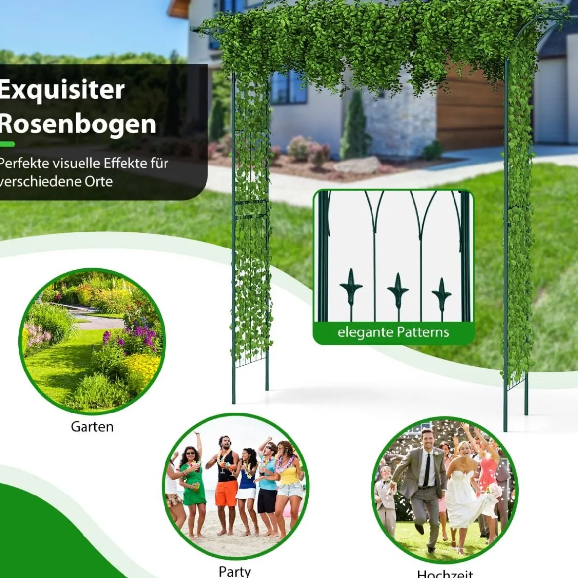 Rosenbogen Metall Gartenbogen für Kletterpflanzen Torbogen Garten 205 x 52 x 205 cm Grün