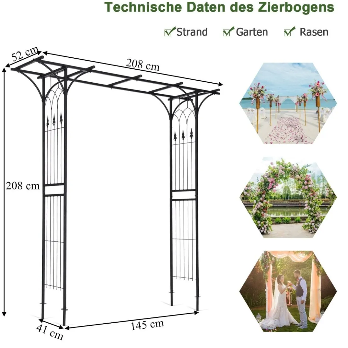 Rosenbogen Metall Gartenbogen für Kletterpflanzen 208 x 52 x 208 cm Schwarz