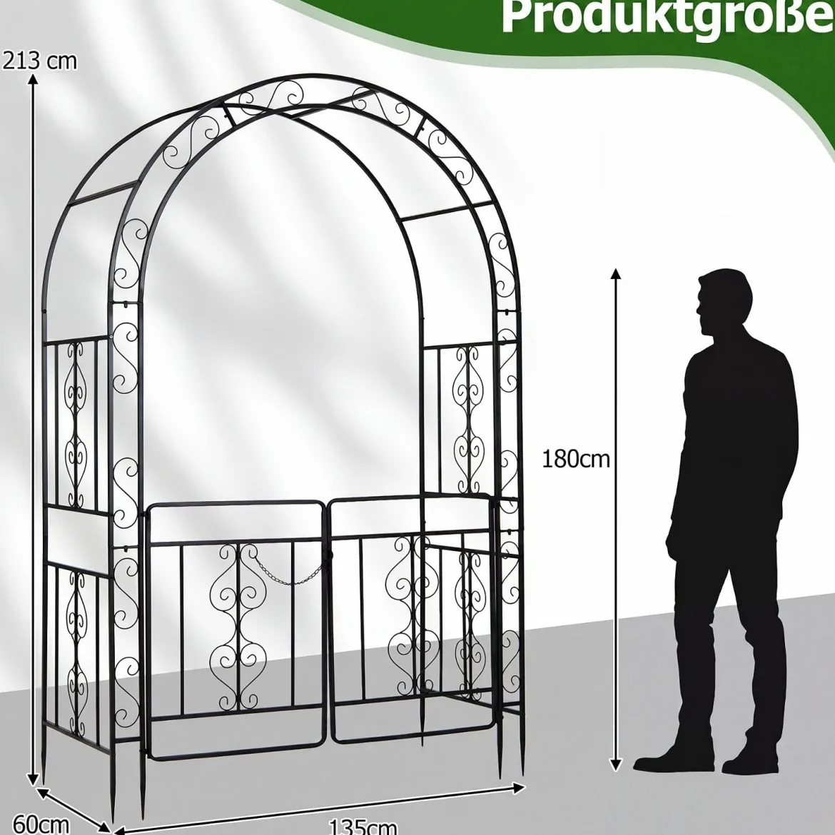 Rosenbogen Torbogen aus Metall mit Abschließbarer Tür & Erdspießen 135 x 60 x 213 cm Schwarz