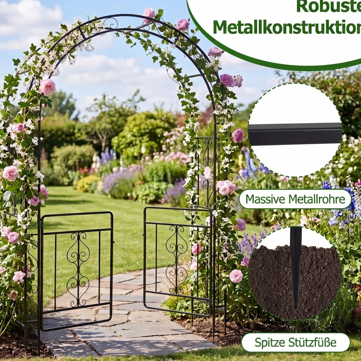 Rosenbogen Torbogen aus Metall mit Abschließbarer Tür & Erdspießen 135 x 60 x 213 cm Schwarz