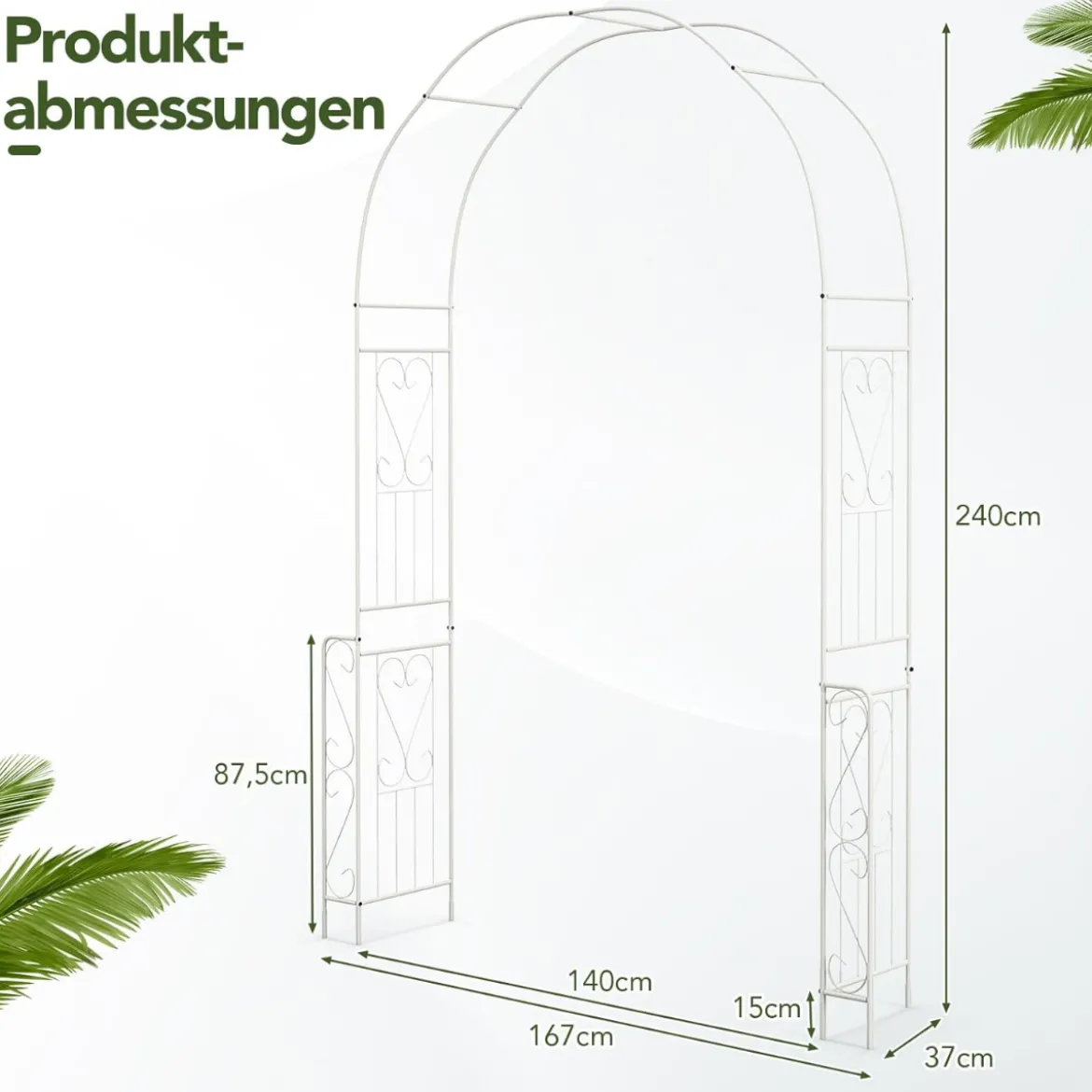 Rosenbogen Torbogen Metall Gartenbogen für Kletterpflanzen & Rosen Rankhilfe Landhausstil 167 x 37 x 240 cm Weiß
