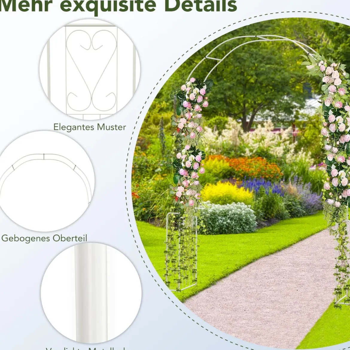 Rosenbogen Torbogen Metall Gartenbogen für Kletterpflanzen & Rosen Rankhilfe Landhausstil 167 x 37 x 240 cm Weiß