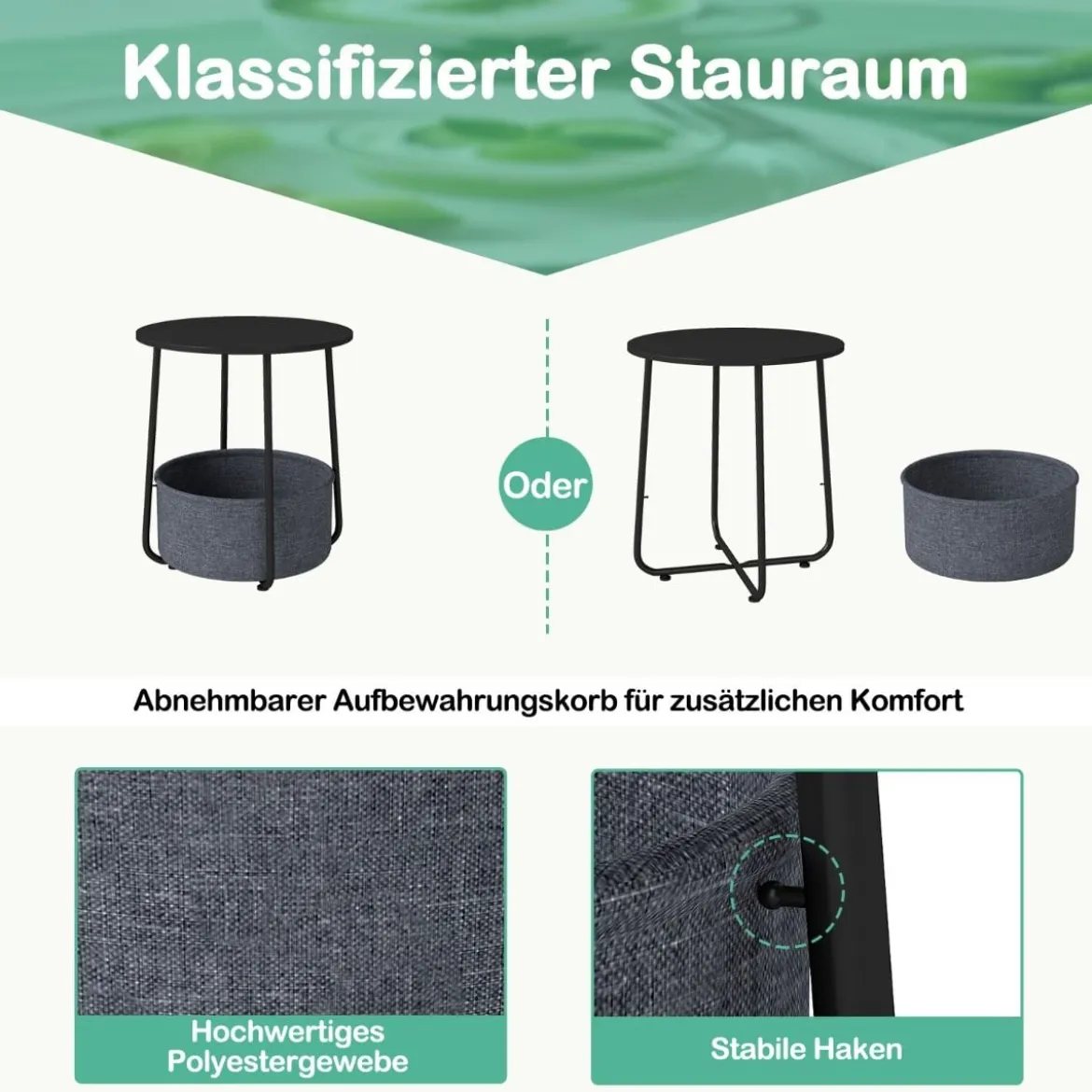 Rund Beistelltisch mit Aufbewahrungskorb Klein Sofatisch Modern Couchtisch Nachttisch Schwarz