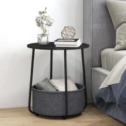 Rund Beistelltisch mit Aufbewahrungskorb Klein Sofatisch Modern Couchtisch Nachttisch Schwarz