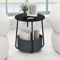 Rund Beistelltisch mit Aufbewahrungskorb Klein Sofatisch Modern Couchtisch Nachttisch Schwarz