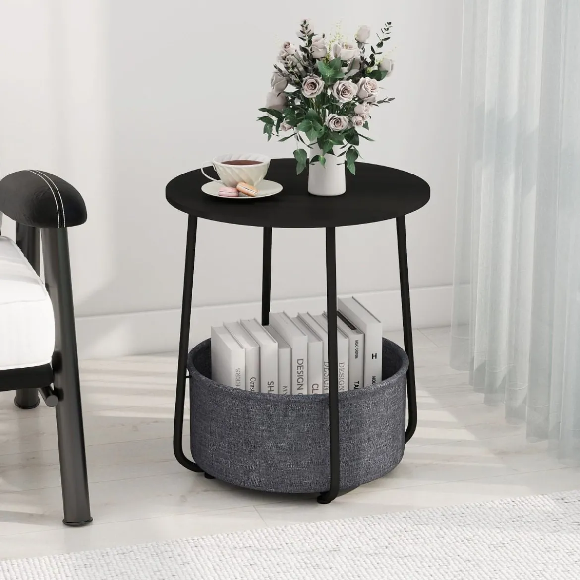 Rund Beistelltisch mit Aufbewahrungskorb Klein Sofatisch Modern Couchtisch Nachttisch Schwarz