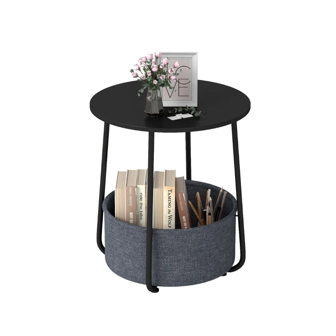 Rund Beistelltisch mit Aufbewahrungskorb Klein Sofatisch Modern Couchtisch Nachttisch Schwarz