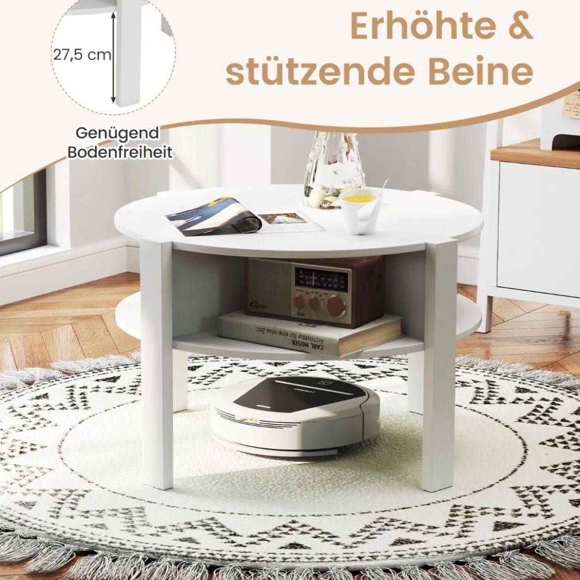 Rund Couchtisch mit Stauraum Holz Wohnzimmertisch mit 4 Regalen Kaffeetisch Weiß