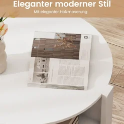 Rund Couchtisch mit Stauraum Holz Wohnzimmertisch mit 4 Regalen Kaffeetisch Weiß