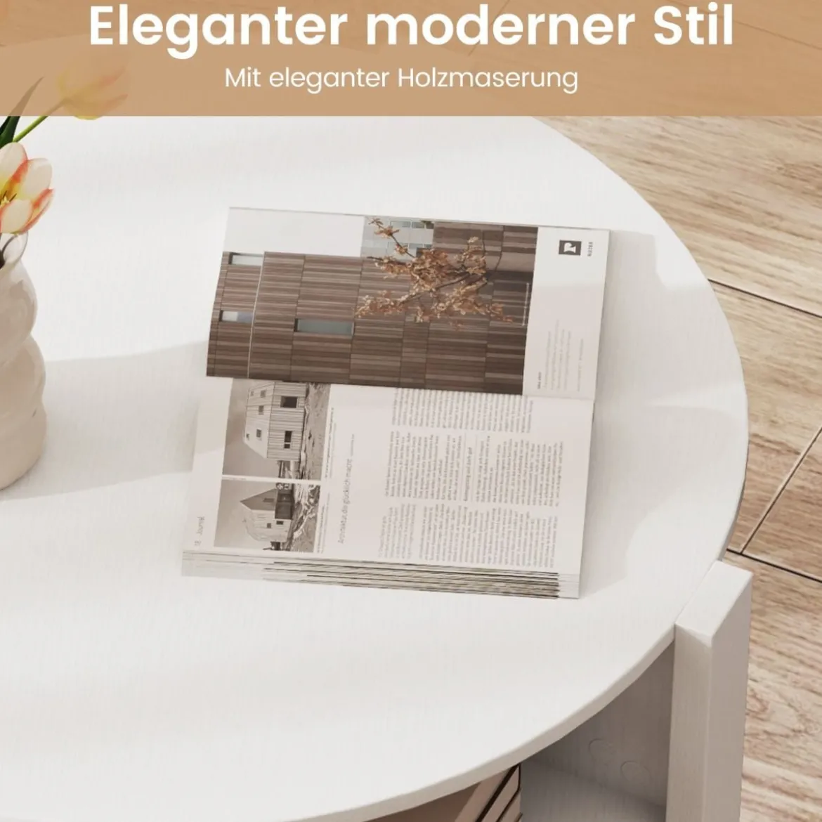 Rund Couchtisch mit Stauraum Holz Wohnzimmertisch mit 4 Regalen Kaffeetisch Weiß