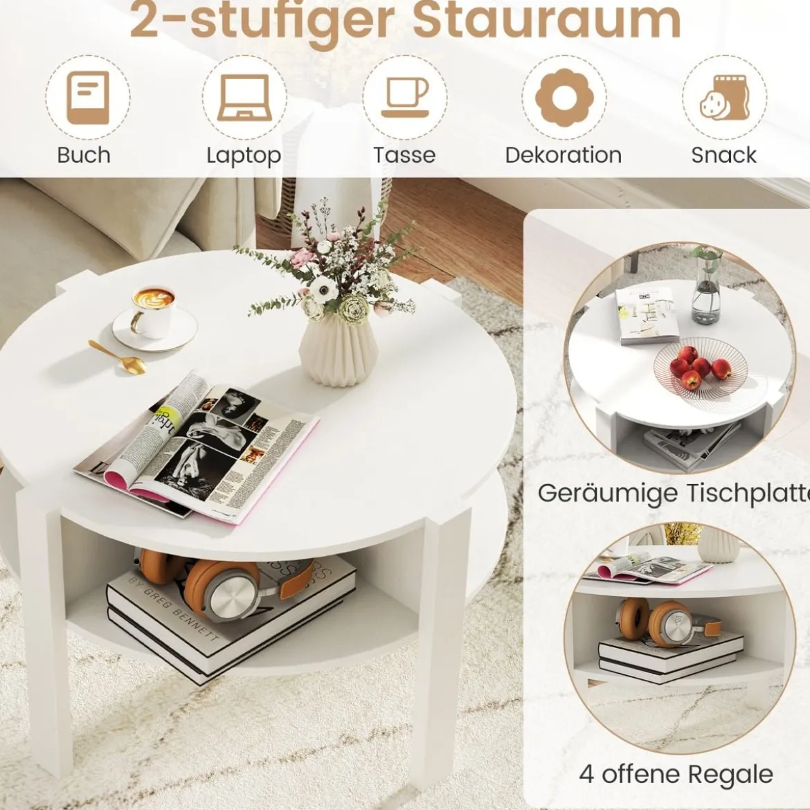 Rund Couchtisch mit Stauraum Holz Wohnzimmertisch mit 4 Regalen Kaffeetisch Weiß