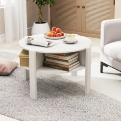 Rund Couchtisch mit Stauraum Holz Wohnzimmertisch mit 4 Regalen Kaffeetisch Weiß