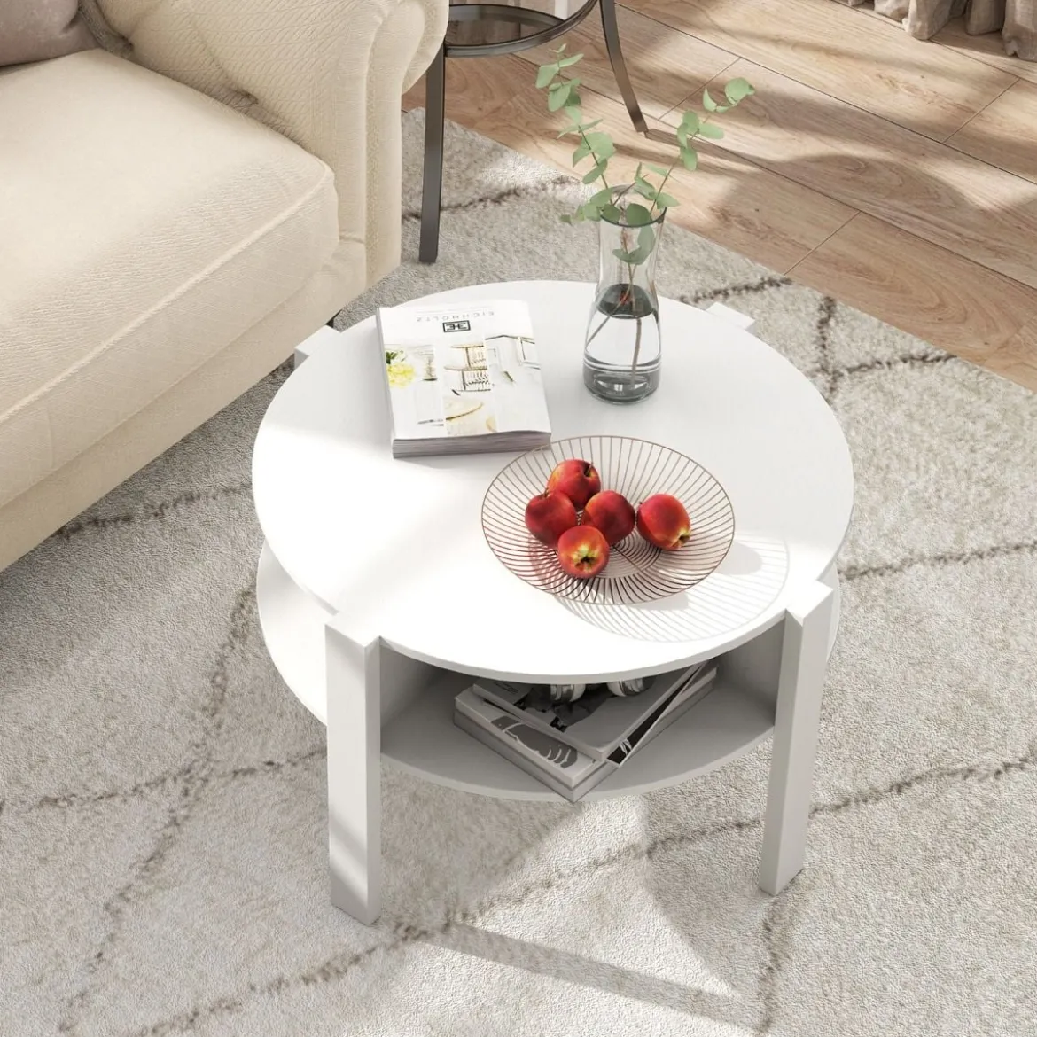 Rund Couchtisch mit Stauraum Holz Wohnzimmertisch mit 4 Regalen Kaffeetisch Weiß