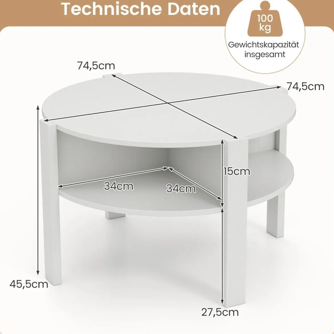 Rund Couchtisch mit Stauraum Holz Wohnzimmertisch mit 4 Regalen Kaffeetisch Weiß