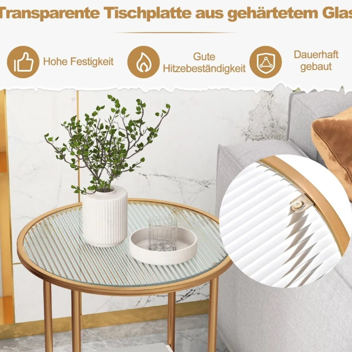 Runder Beistelltisch mit Gehärtetem Glas & Ablage aus Kunstmarmor & Goldenem Metallrahmen