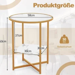 Runder Beistelltisch mit Gehärtetem Glas & Ablage aus Kunstmarmor & Goldenem Metallrahmen
