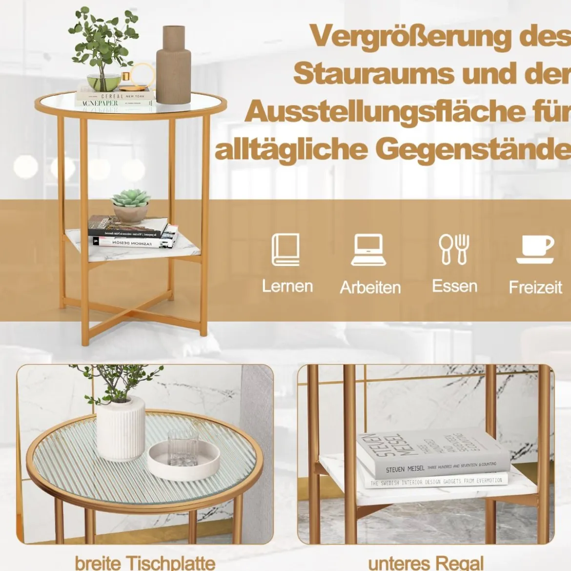 Runder Beistelltisch mit Gehärtetem Glas & Ablage aus Kunstmarmor & Goldenem Metallrahmen