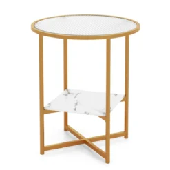 Runder Beistelltisch mit Gehärtetem Glas & Ablage aus Kunstmarmor & Goldenem Metallrahmen