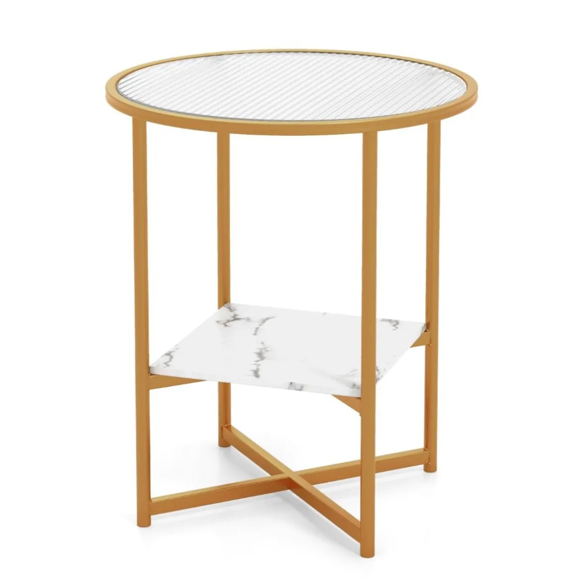 Runder Beistelltisch mit Gehärtetem Glas & Ablage aus Kunstmarmor & Goldenem Metallrahmen