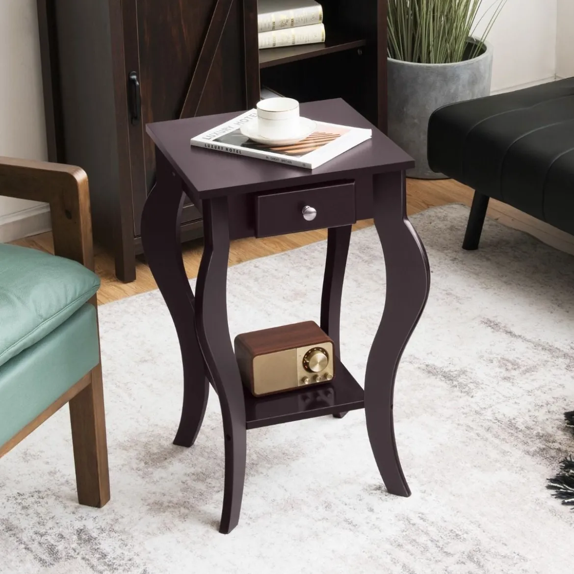Runder Beistelltisch mit Schublade unteres Regal Holzkonstruktion Sofa-Beistelltisch Braun