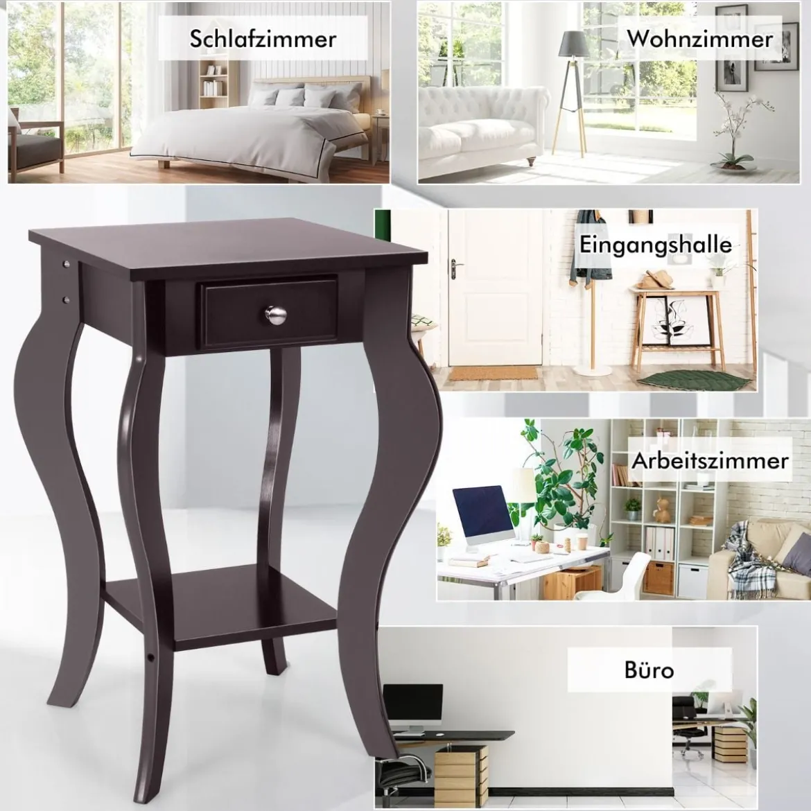 Runder Beistelltisch mit Schublade unteres Regal Holzkonstruktion Sofa-Beistelltisch Braun