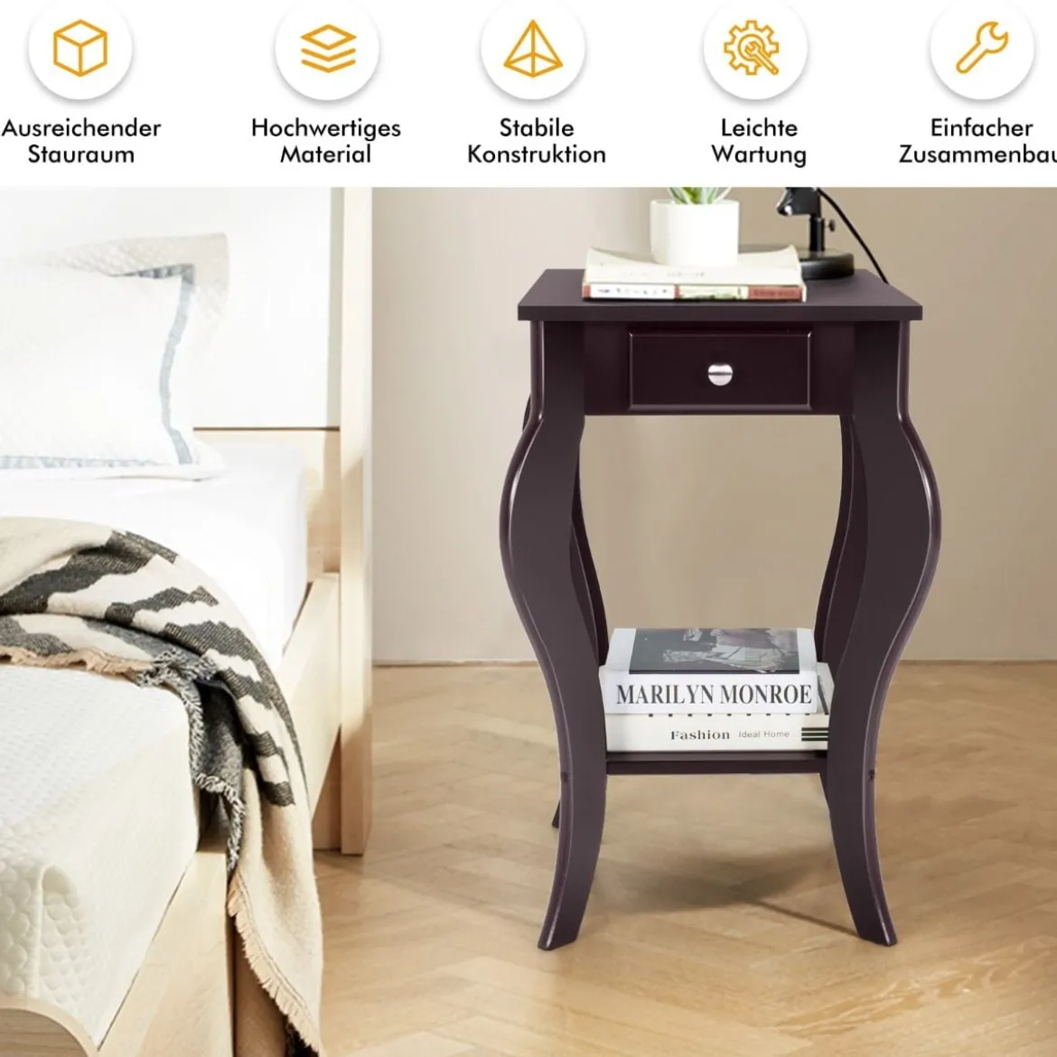 Runder Beistelltisch mit Schublade unteres Regal Holzkonstruktion Sofa-Beistelltisch Braun