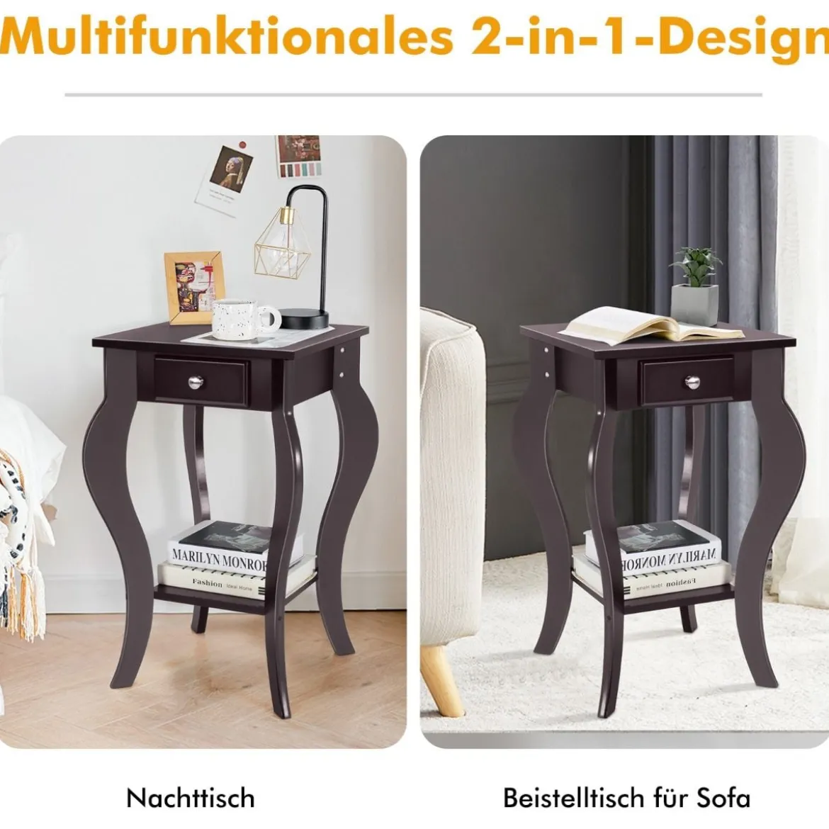 Runder Beistelltisch mit Schublade unteres Regal Holzkonstruktion Sofa-Beistelltisch Braun