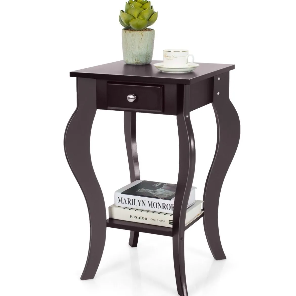 Runder Beistelltisch mit Schublade unteres Regal Holzkonstruktion Sofa-Beistelltisch Braun