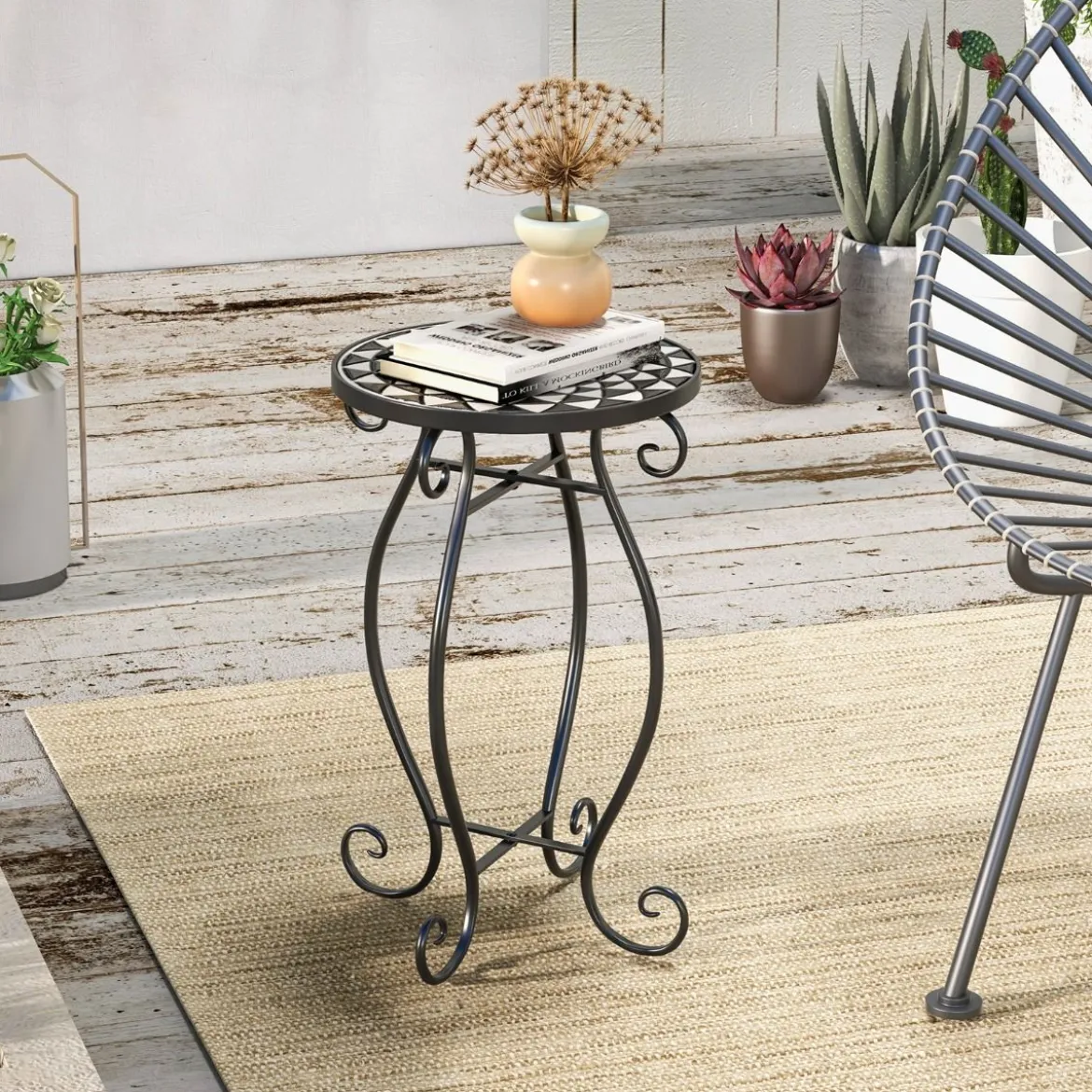 Runder Beistelltisch Mosaiktisch aus Metall & Keramik ∅30 x 50 cm für Balkon Garten