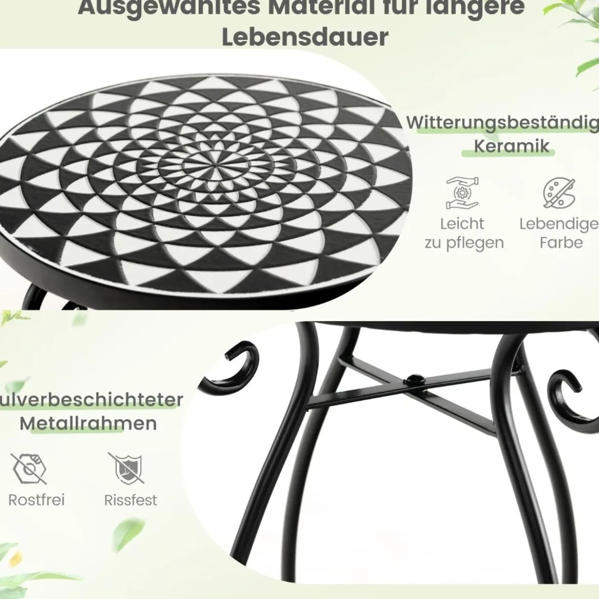 Runder Beistelltisch Mosaiktisch aus Metall & Keramik ∅30 x 50 cm für Balkon Garten