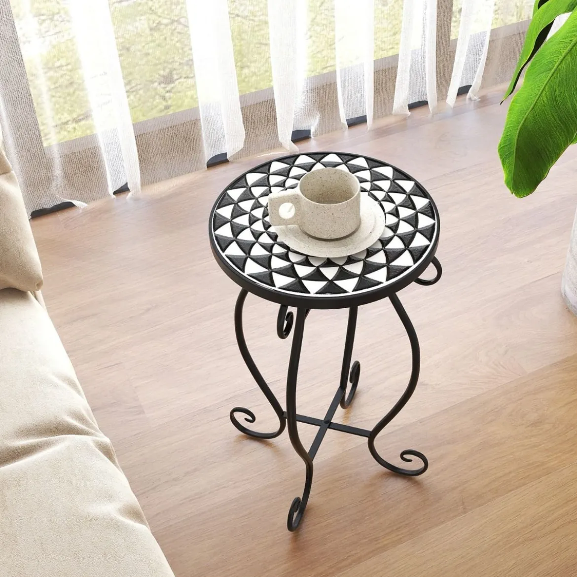 Runder Beistelltisch Mosaiktisch aus Metall & Keramik ∅30 x 50 cm für Balkon Garten