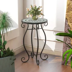 Runder Beistelltisch Mosaiktisch aus Metall & Keramik ∅30 x 50 cm für Balkon Terrasse Garten