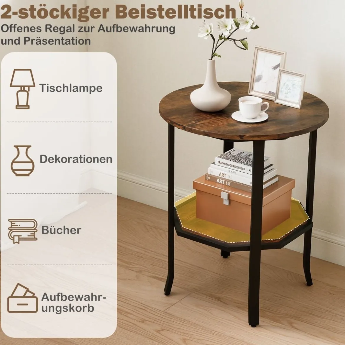 Runder Beistelltisch 2-stufiger Endtisch mit Ablagefach industrieller Akzenttisch Nachttisch mit robustem Metallrahmen Rustikal Braun