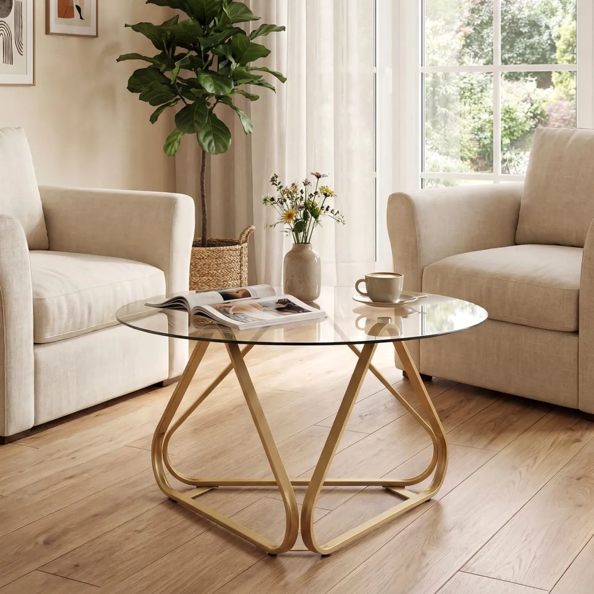 Runder Couchtisch mit Gehärtetem Glas & Metallrahmen Moderner Glastisch Beistelltisch Golden