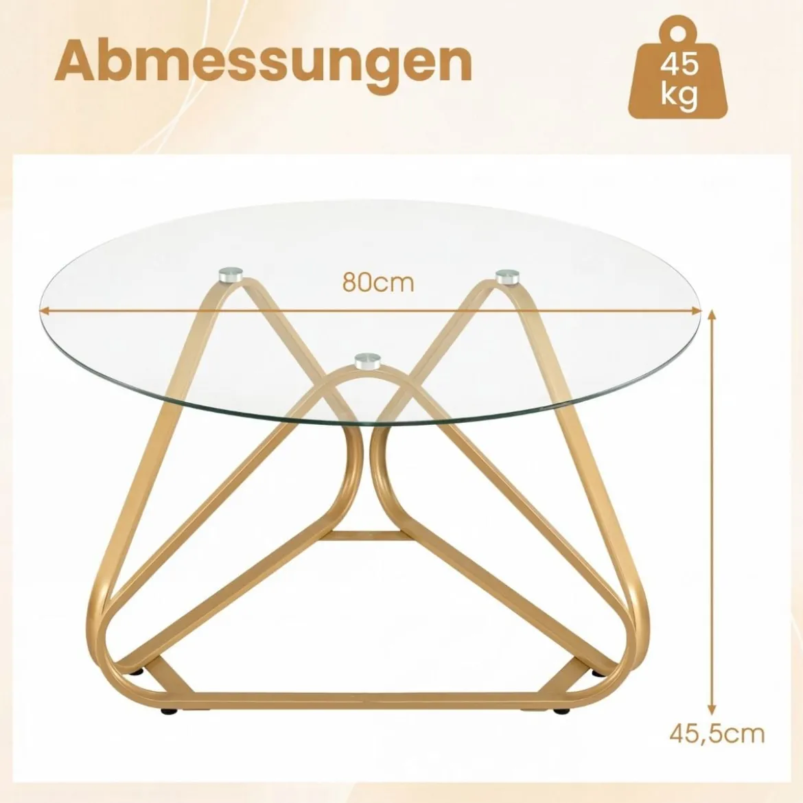 Runder Couchtisch mit Gehärtetem Glas & Metallrahmen Moderner Glastisch Beistelltisch Golden