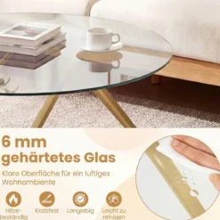 Runder Couchtisch mit Gehärtetem Glas & Metallrahmen Moderner Glastisch Beistelltisch Golden