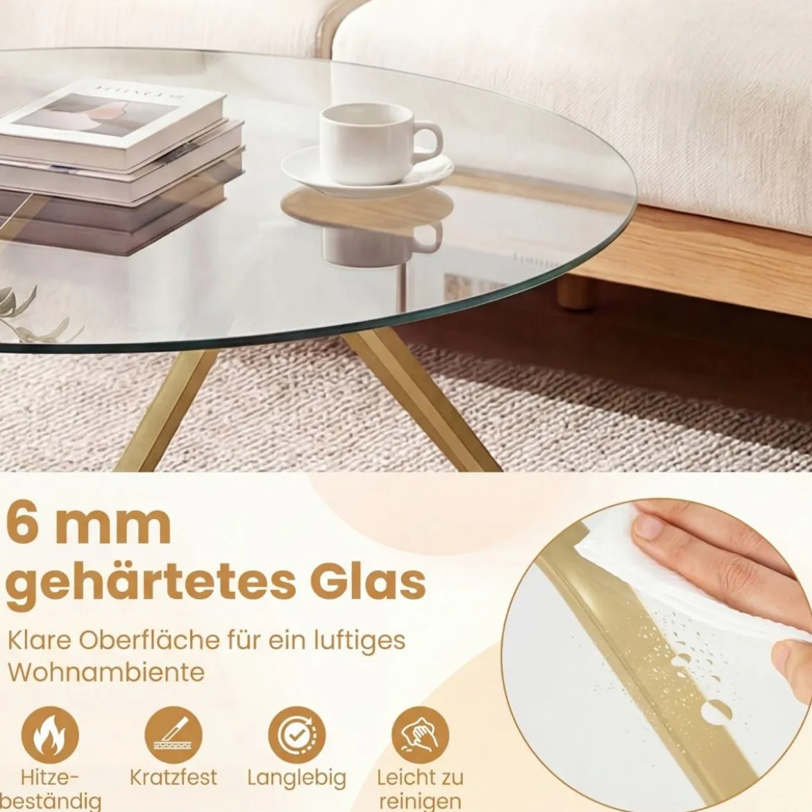 Runder Couchtisch mit Gehärtetem Glas & Metallrahmen Moderner Glastisch Beistelltisch Golden
