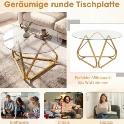 Runder Couchtisch mit Gehärtetem Glas & Metallrahmen Moderner Glastisch Beistelltisch Golden