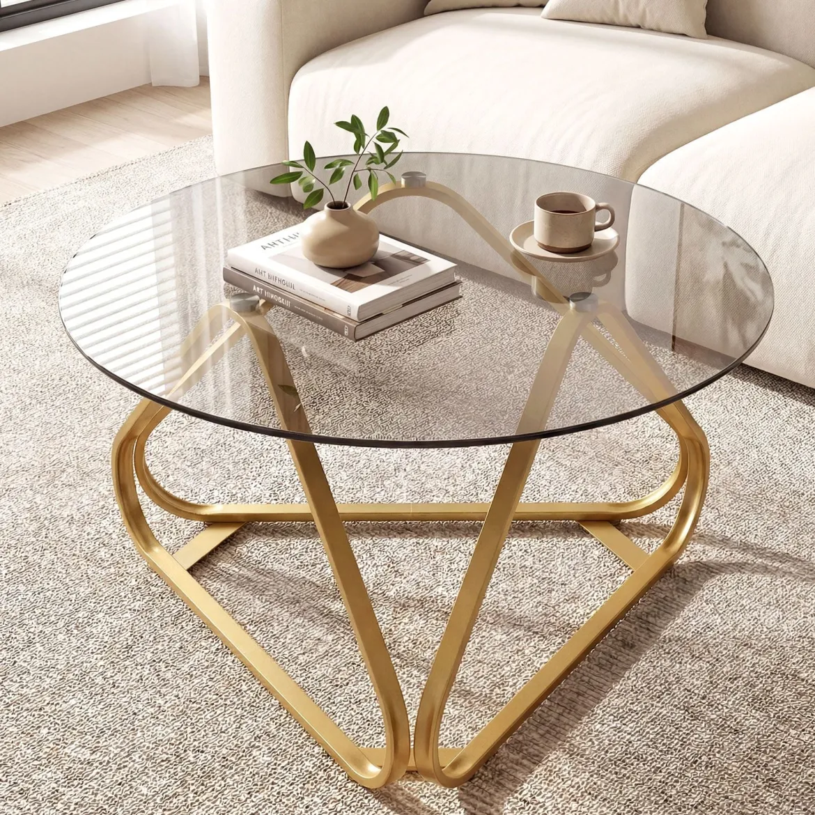 Runder Couchtisch mit Gehärtetem Glas & Metallrahmen Moderner Glastisch Beistelltisch Golden