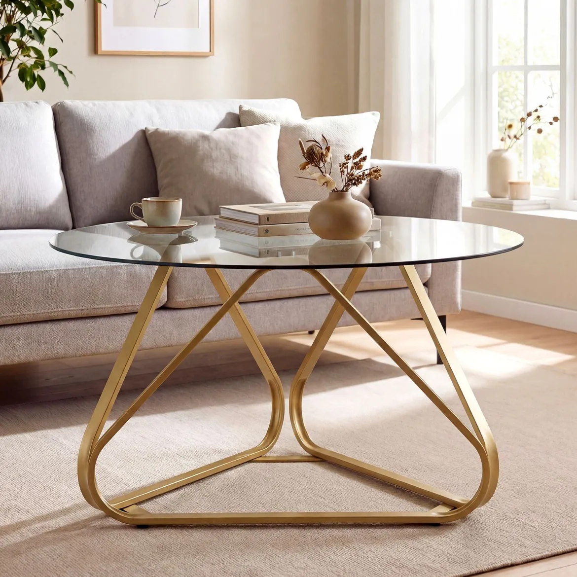 Runder Couchtisch mit Gehärtetem Glas & Metallrahmen Moderner Glastisch Beistelltisch Golden