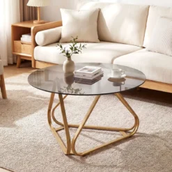 Runder Couchtisch mit Gehärtetem Glas & Metallrahmen Moderner Glastisch Beistelltisch Golden