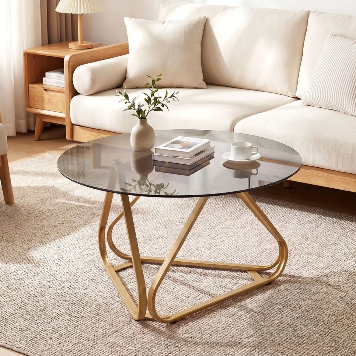 Runder Couchtisch mit Gehärtetem Glas & Metallrahmen Moderner Glastisch Beistelltisch Golden