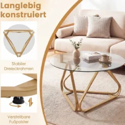 Runder Couchtisch mit Gehärtetem Glas & Metallrahmen Moderner Glastisch Beistelltisch Golden