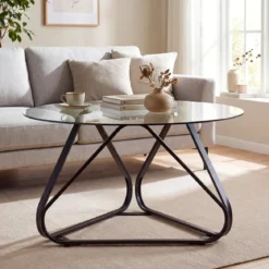 Runder Couchtisch mit Gehärtetem Glas & Metallrahmen Moderner Glastisch Beistelltisch Schwarz