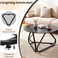 Runder Couchtisch mit Gehärtetem Glas & Metallrahmen Moderner Glastisch Beistelltisch Schwarz