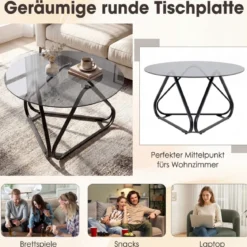 Runder Couchtisch mit Gehärtetem Glas & Metallrahmen Moderner Glastisch Beistelltisch Schwarz